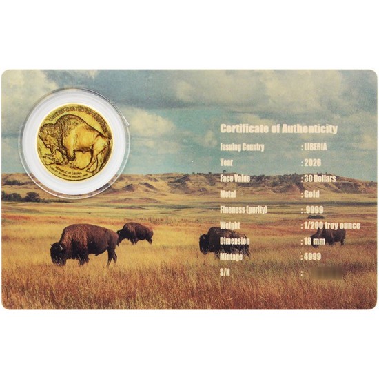 2026 $30 Liberia 1/200th oz Gold American Buffalo Coin in Card