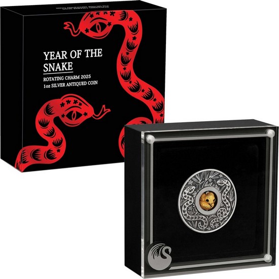 2025 P Australia Silver Year of the Snake Rotating Charm 1oz Antiqued Coin OGP