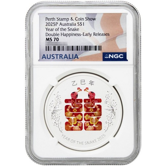 2025 P Australia Silver Year of the Snake Special Double Happiness "XI" Colorized Coin MS70 ER NGC Flag Label From Perth Stamp & Coin Show