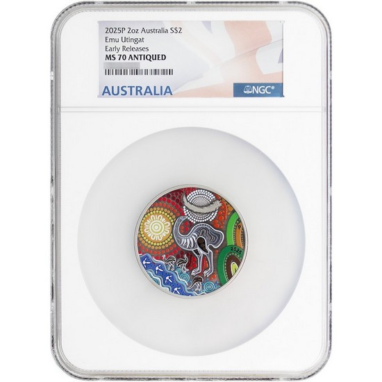 2025 P Australia Silver Emu Utingat 2oz Antiqued Colorized Coin MS70 ER NGC Flag Label