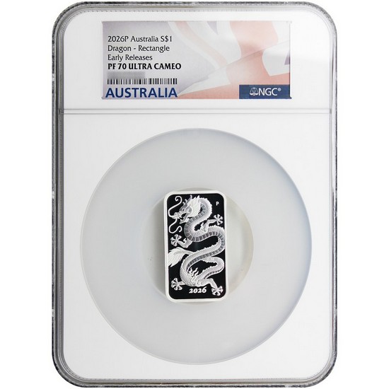 2026 P $1 Proof Australia 1oz Silver Dragon Bar NGC PF70 UC ER Australia Flag Label