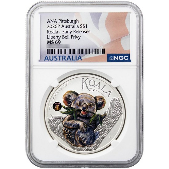 2026 P $1 Australia 1oz Silver Koala ANA World's Fair of Money Special with Liberty Bell  Privy NGC MS70 ER Australia Flag Label