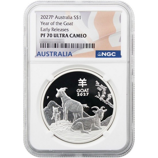 2027 P $1 Proof Australia Silver Year of the Goat NGC PF70 UC ER Australia Flag Label