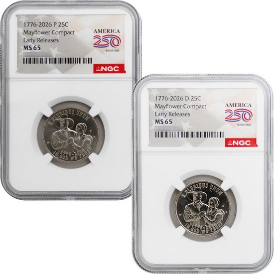 2026 P & D Semiuincentennial Quarters Mayflower Compact 2pc Set MS65 ER NGC America 250 Label