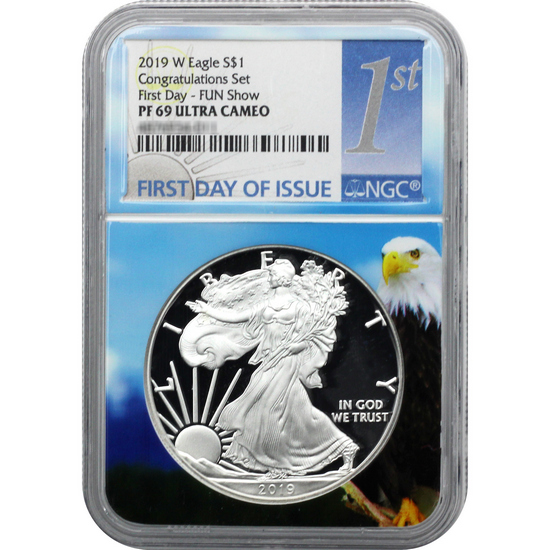 2019 W Silver American Eagle Coin from Congratulations Set PF69 UC FDI NGC Fun Show Eagle Core