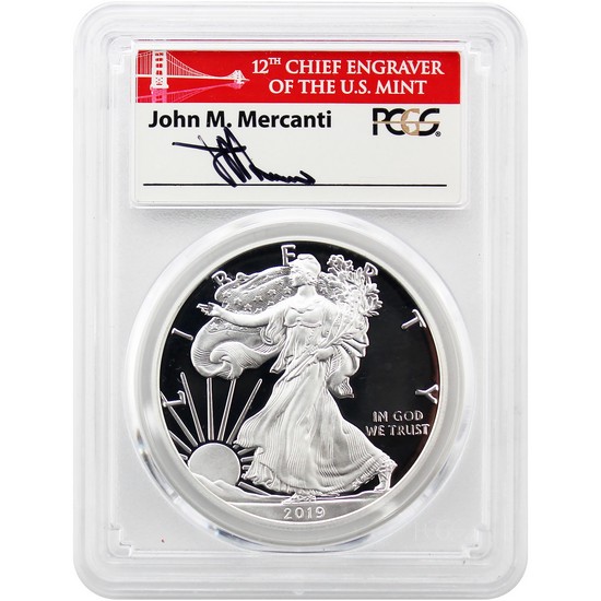 2019-S American Silver Eagle PR70DCAM First Day Issue PCGS Mercanti Signed Red Bridge Label