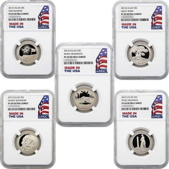 2013 S 5pc Clad Proof America The Beautiful Quarter Set PF69 NGC Made in the USA Label