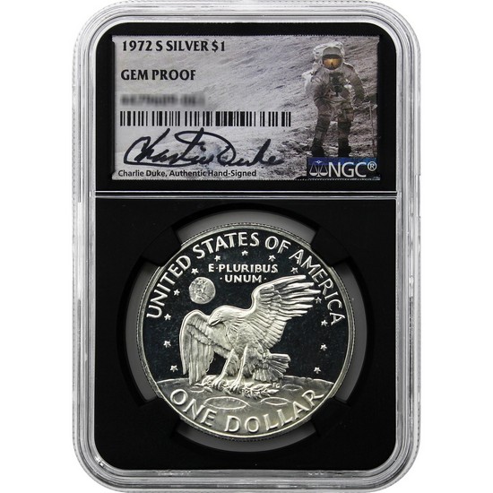 1972 S Eisenhower Silver-Clad Dollar Gem Proof NGC Black Core Charlie Duke Signature Label