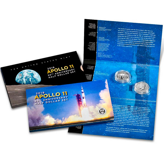 2019 S & P 50th Anniversary Apollo 11 Clad Half Dollar and Silver Dollar 2 Coin Set in OGP