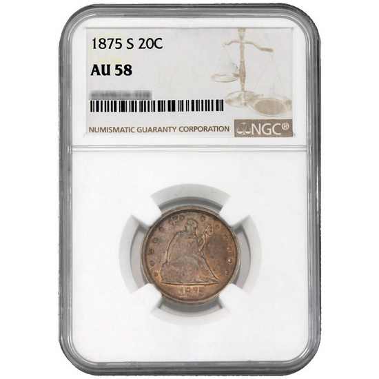 1875 S Liberty Seated Twenty Cent AU58 NGC Brown Label