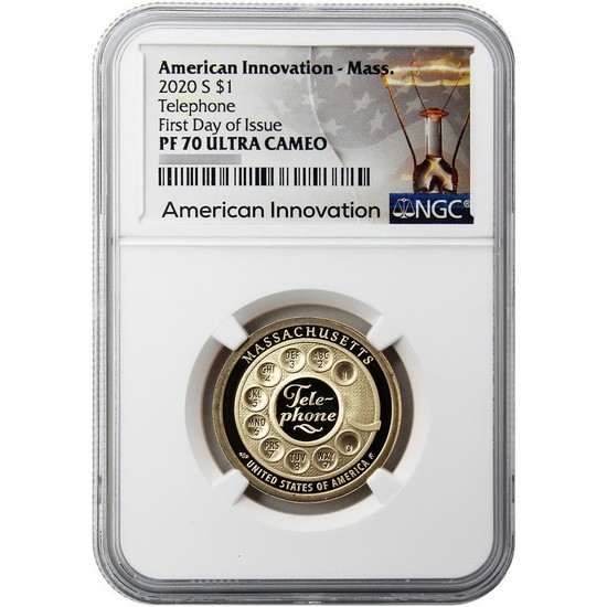 2020-S American Innovation Dollar Massachusetts (Telephone) PF70 Ultra Cameo First Day Issue NGC Light Bulb Label