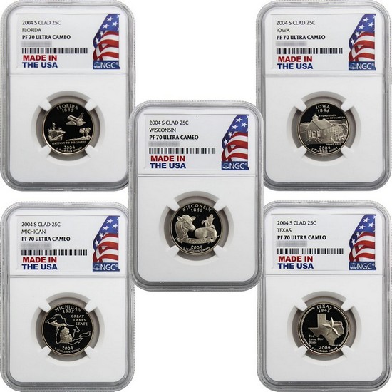 2004 S Clad State Quarter 5pc Set PF70 UC NGC Made in the USA Label