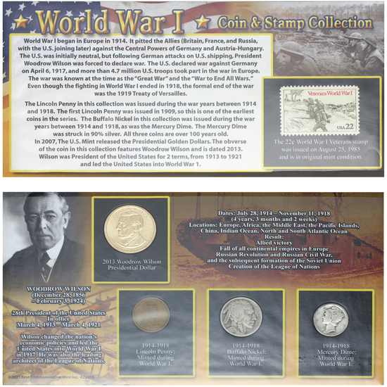 1917 - 2013 WW1 Coin & Stamp 5pc Set