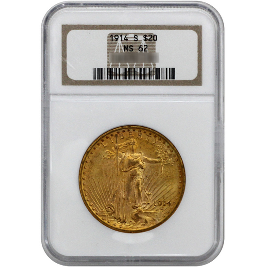 1914 S $20 Gold Saint Gaudens MS62 NGC Brown Label