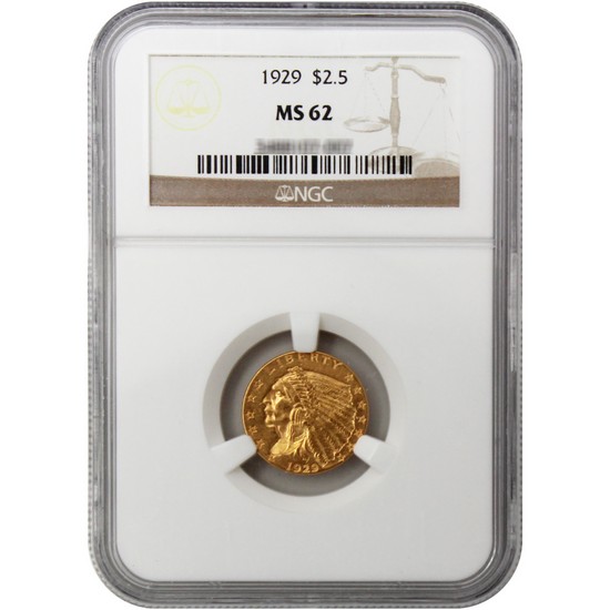 1929 $2.5 Gold Indian MS62 NGC Brown Label