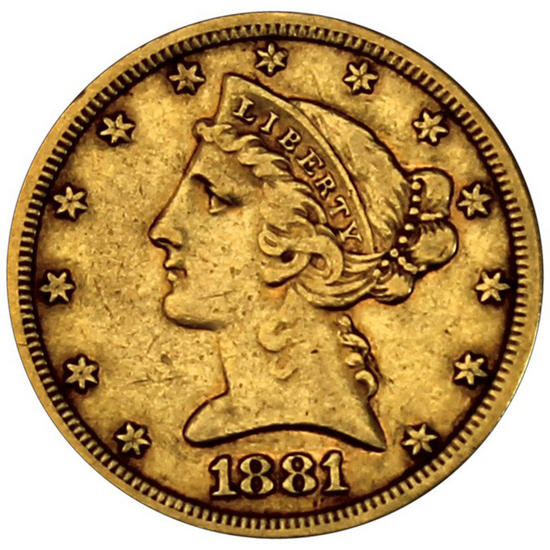 1881 $5 Gold Liberty XF/AU Condition