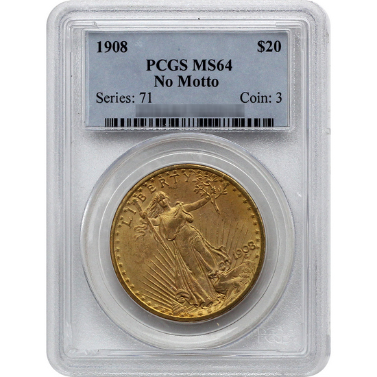 1908 $20 Saint Gaudens (No Motto) PCGS MS64