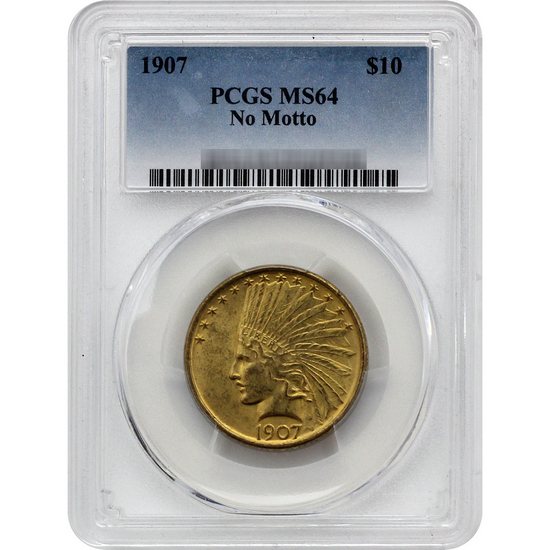 1907 $10 Gold Indian Head Coin MS64 PCGS No Motto