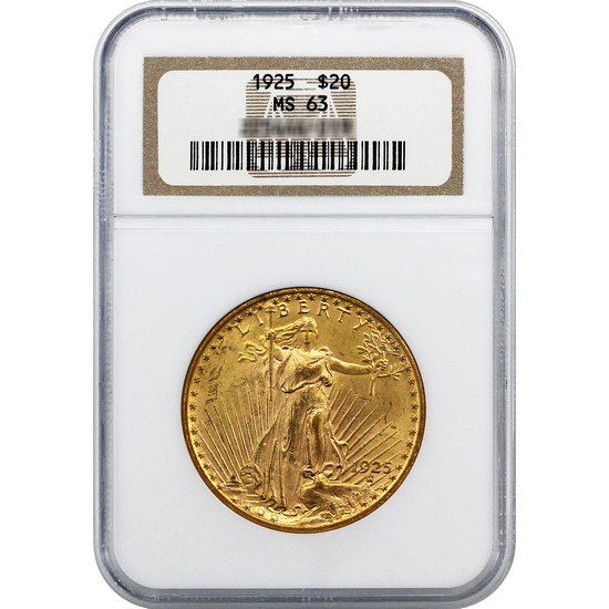 1925 Saint Gaudens $20 Gold MS63 NGC Brown Label