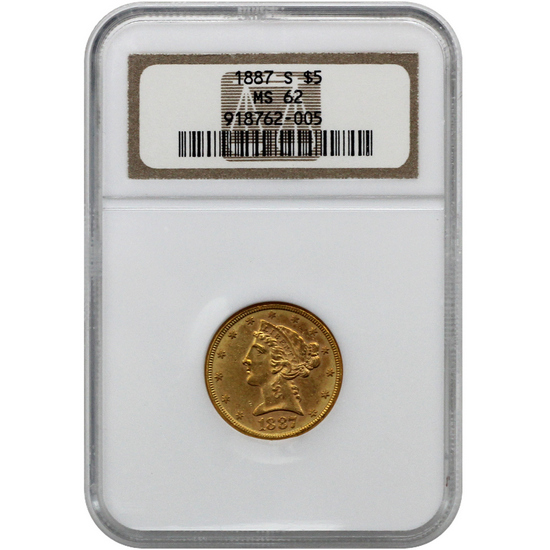 1887 S $5 Gold Liberty MS62 NGC Brown Label