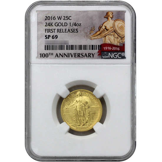 2016 W Gold Standing Liberty Quarter SP69 FR NGC 100th Anniversary Label