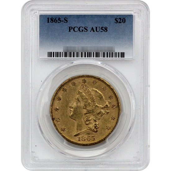 1865 S $20 Gold Liberty Type 1 AU58 PCGS