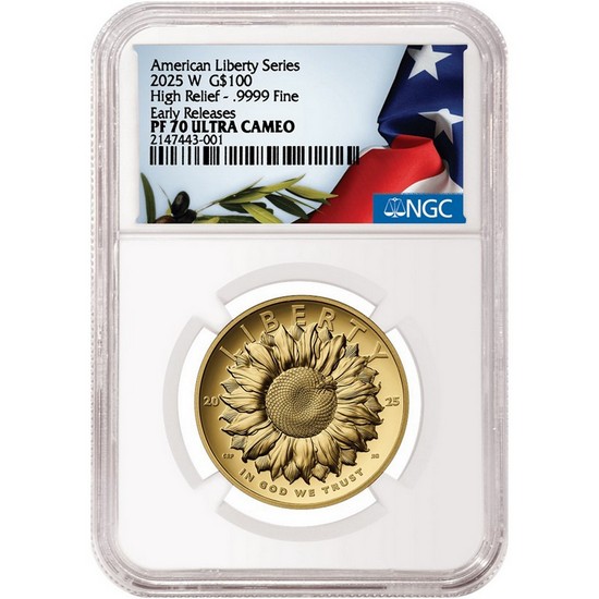 2025 W Gold American Liberty 1oz High Relief PF70UC ER NGC Olive Branch/Flag Label