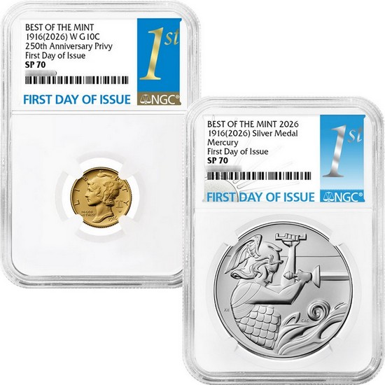 Best of the Mint 1916 (2026) W Gold Mercury Dime and Silver Medal Mercury SP70 FDI NGC 1st Label
