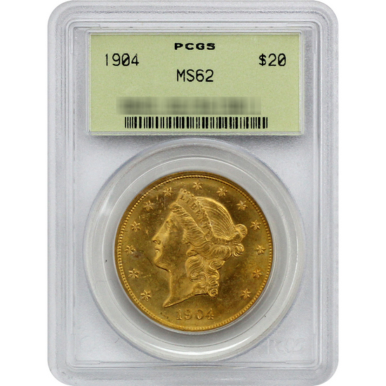 1904 $20 Gold Liberty Coin MS62 PCGS Green Label