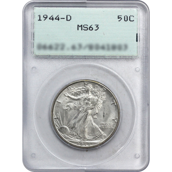 1944 D Silver Walking Liberty Half Dollar MS63 PCGS "Old Green Holder"