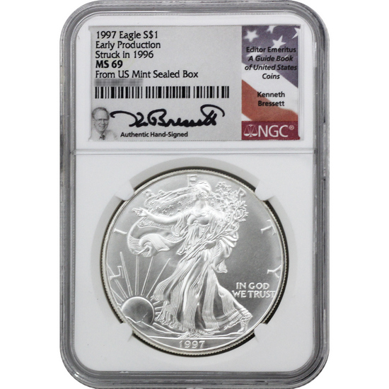 1997 (1996) Silver American Eagle MS69 Early Production NGC Kenneth Bressett Signed Label
