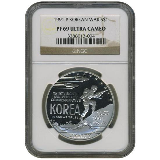 1991 P Korean War Silver Dollar PF69 UC NGC Brown Label