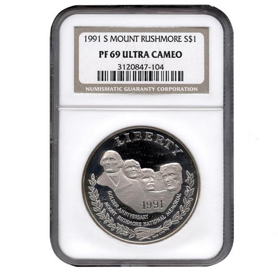 1991 S Mount Rushmore Silver Dollar PF69 UC NGC Brown Label