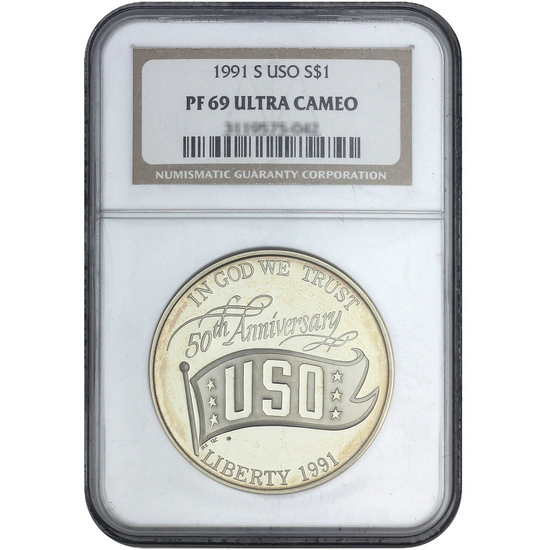 1991 S USO Silver Dollar PF69 UC NGC Brown Label