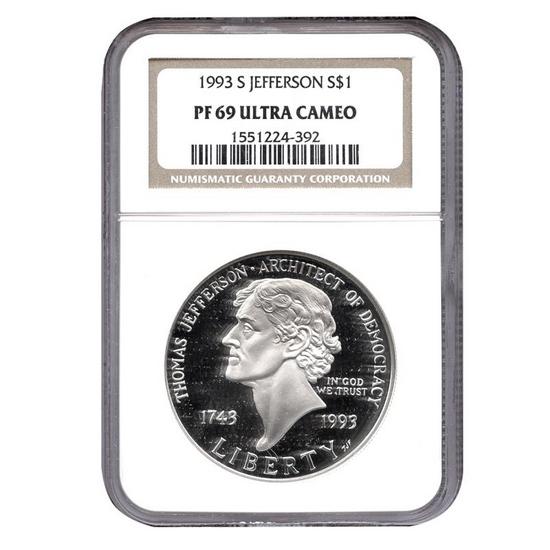 1993 S Thomas Jefferson Silver Dollar PF69 UC NGC Brown Label