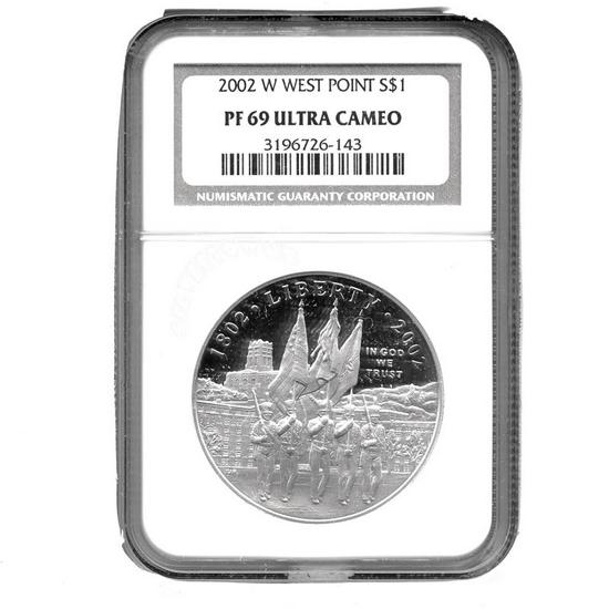 2002 W West Point Bicentennial Silver Dollar PF69 UC NGC Brown Label