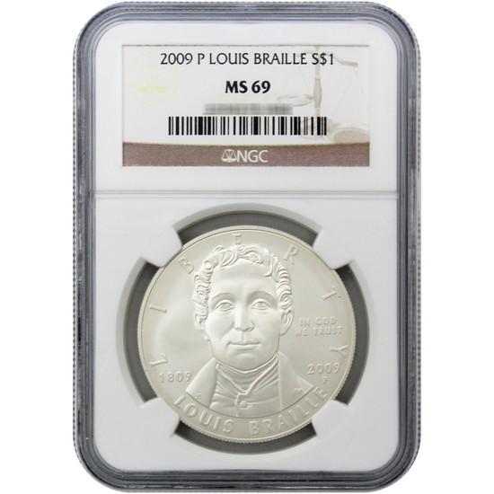 2009 P Louis Braille Bicentennial Silver Dollar MS69 NGC Brown Label