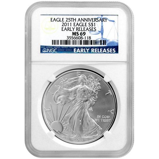 2011 Silver American Eagle 25th Anniversary MS69 ER NGC Blue Label