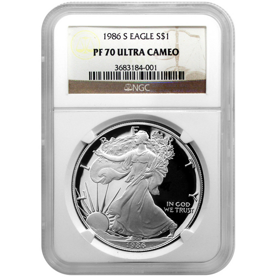 1986 S Silver American Eagle PF70 UC NGC Brown Label