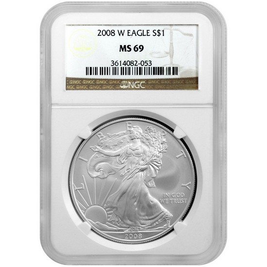 2008 W Silver American Eagle MS69 Burnished NGC Brown Label