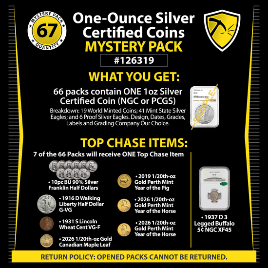 One-Ounce Certified Silver Coin Mystery Pack #126319 | NGC & PCGS Certified Silver Coins with Gold Chase Items