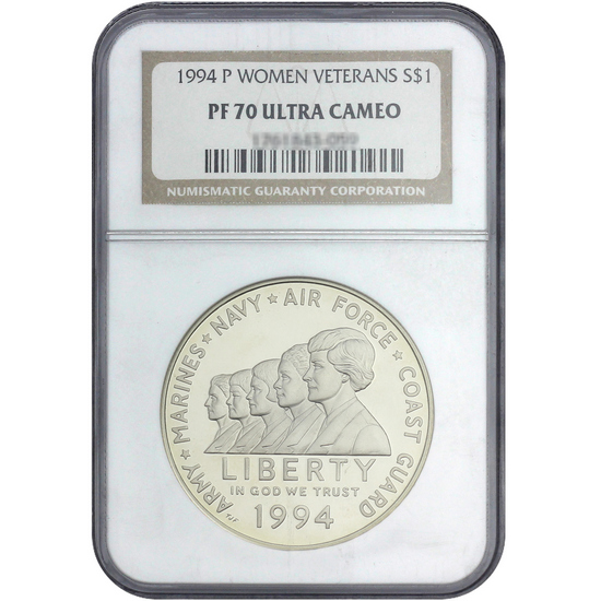 1994 P Women Veterans Silver Dollar PF70 UC NGC Brown Label