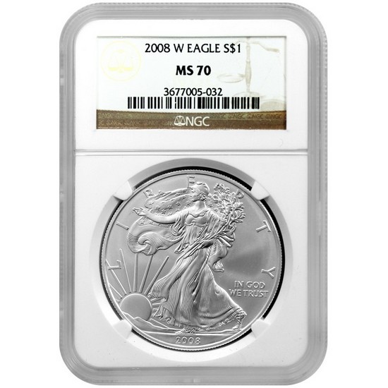 2008 W Silver American Eagle MS70 Burnished NGC Brown Label