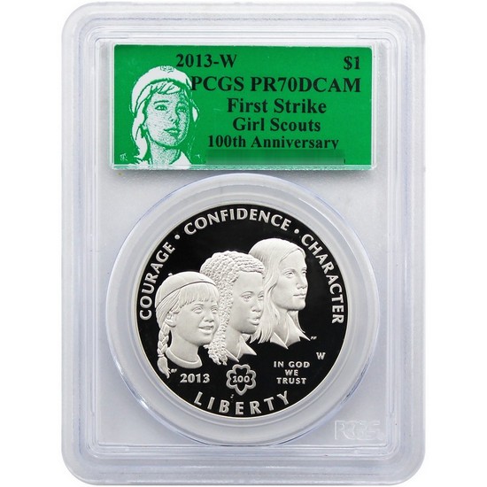 2013 W Girl Scouts Silver Dollar PR70 DCAM FS PCGS Green Girl Scouts Label