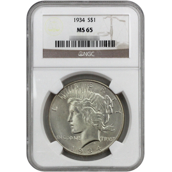 1934 Peace Dollar Silver MS65 NGC Brown Label