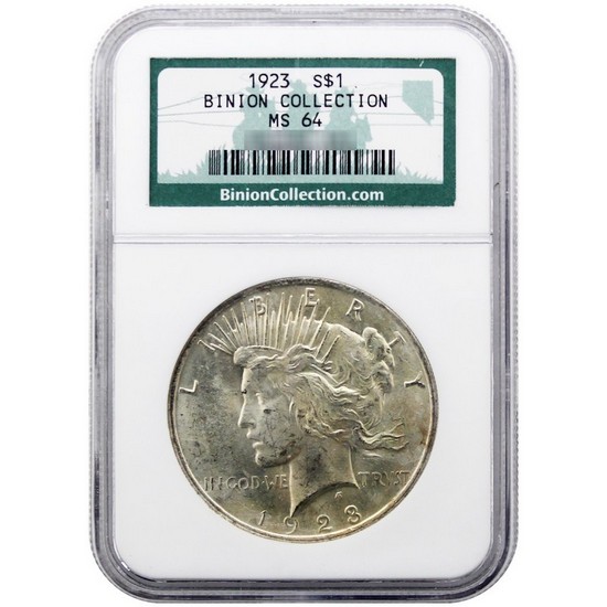 1923 Peace Silver Dollar MS64 NGC Binion Collection Label