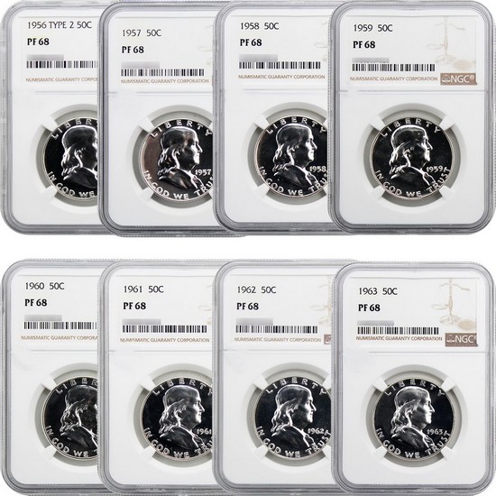 1956-1963 Franklin Silver Half Dollars PF68 NGC 8pc Set in NGC Storage Box