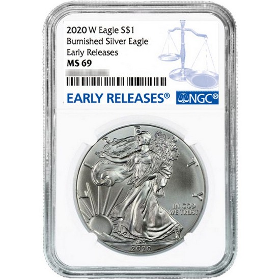 2020 W Burnished Silver American Eagle MS69 ER NGC Blue Label