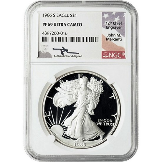1986 S Silver American Eagle PF69 UC NGC Mercanti Signed
