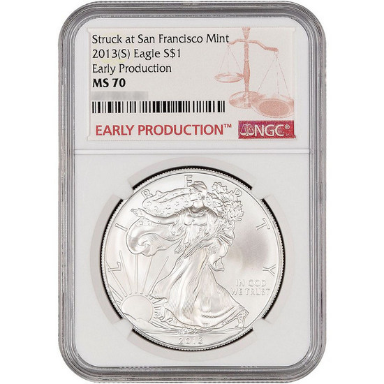 2013 S Silver American Eagle Struck at San Francisco Mint MS70 NGC Early Production Burgundy Label